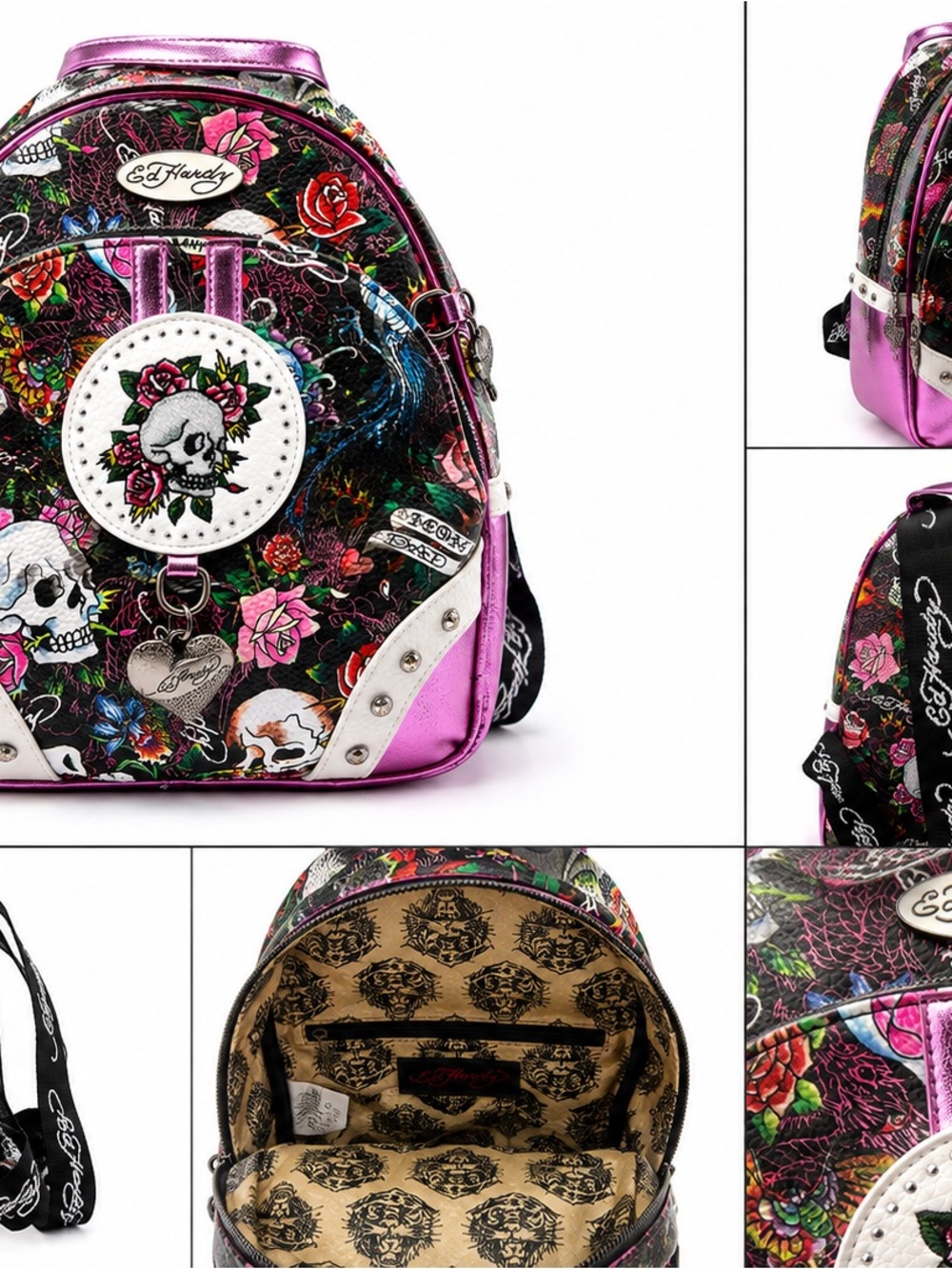 NWT Ed Hardy Metallic Pink Floral Skull Mini Backpack